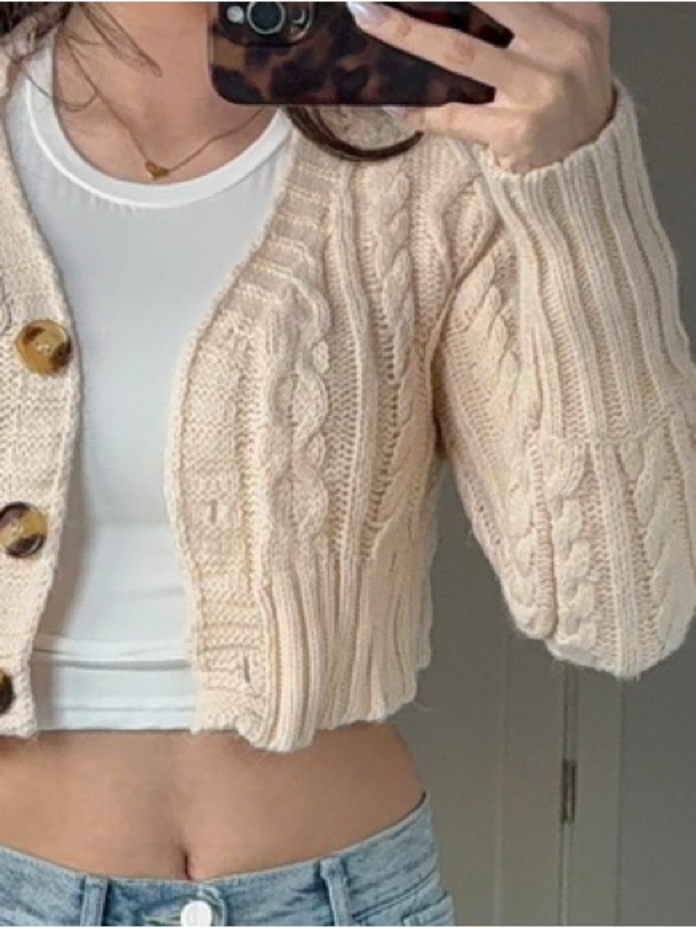 Cropped Cable Knit Cardigan in Cream